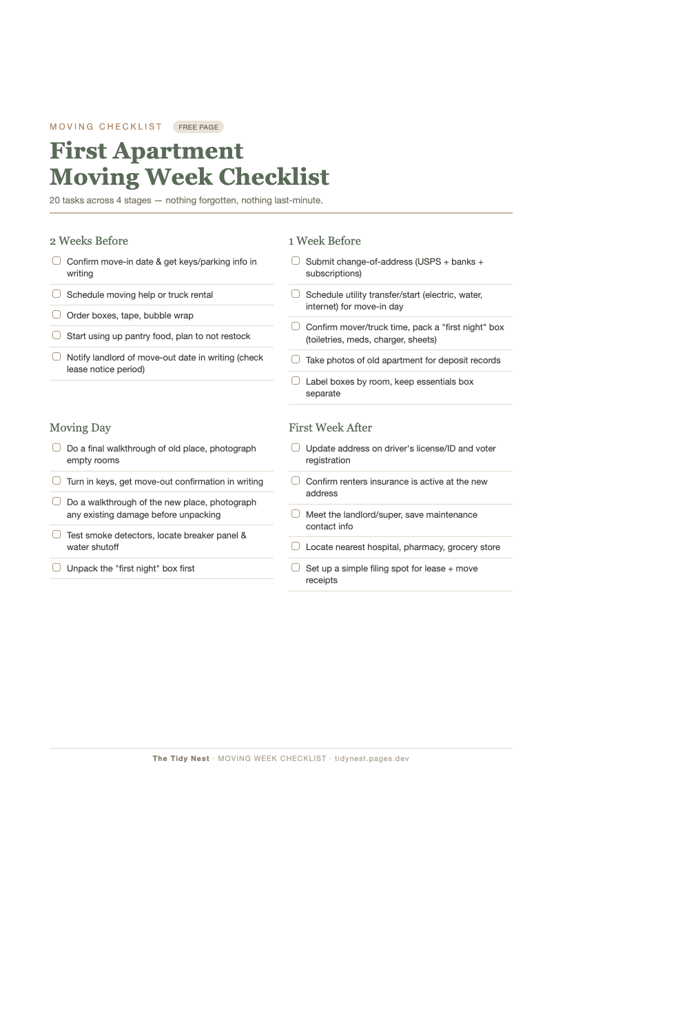 First Apartment Moving Checklist Printable preview