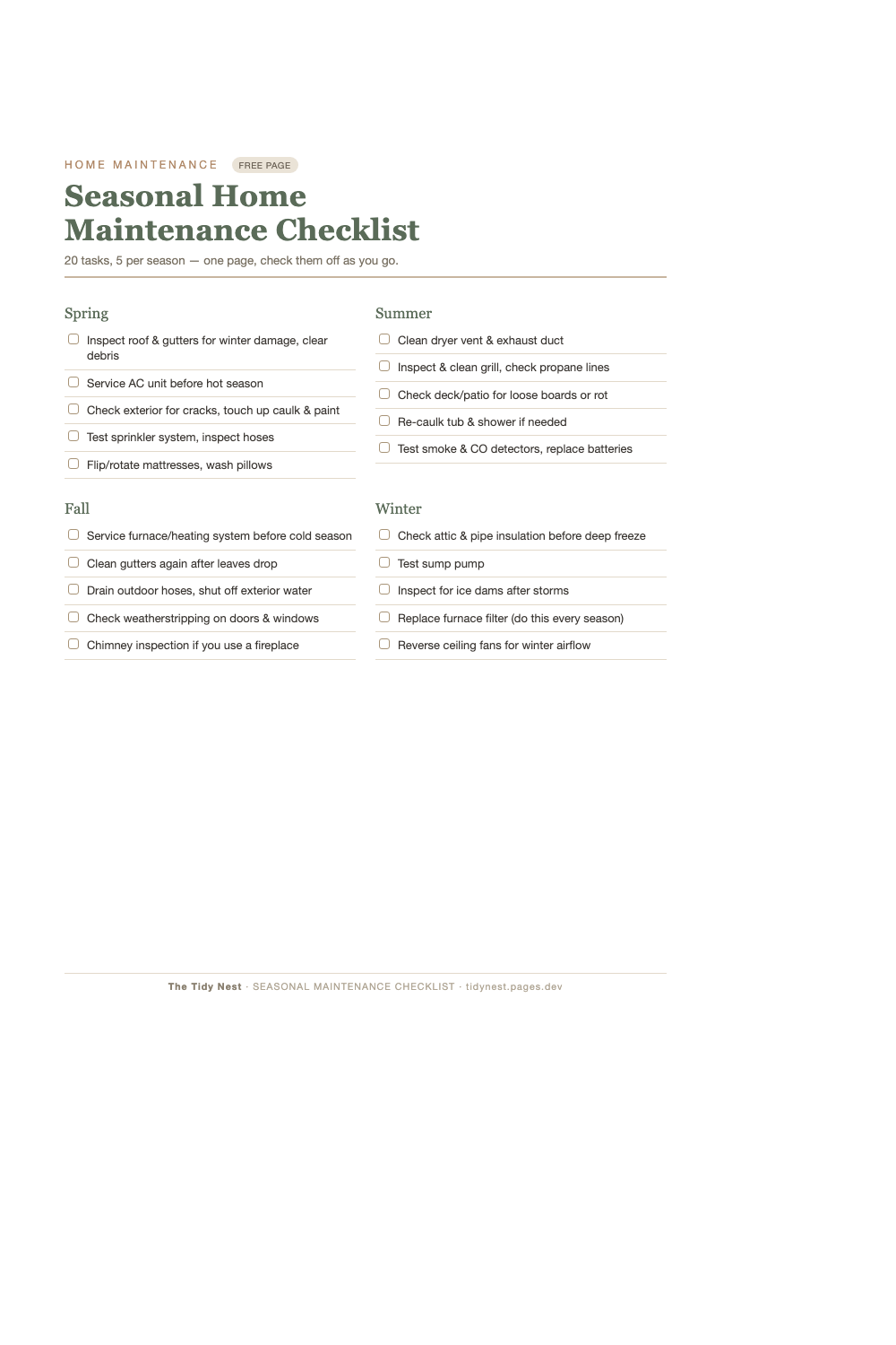 Free Home Maintenance Checklist Printable preview